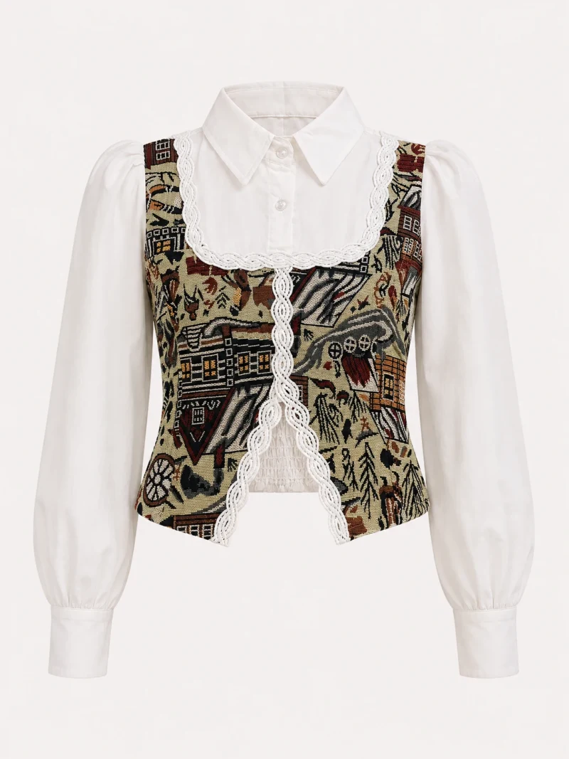 Monochrome Geometric Lace-Trim Shirt Top - Front Close-Up