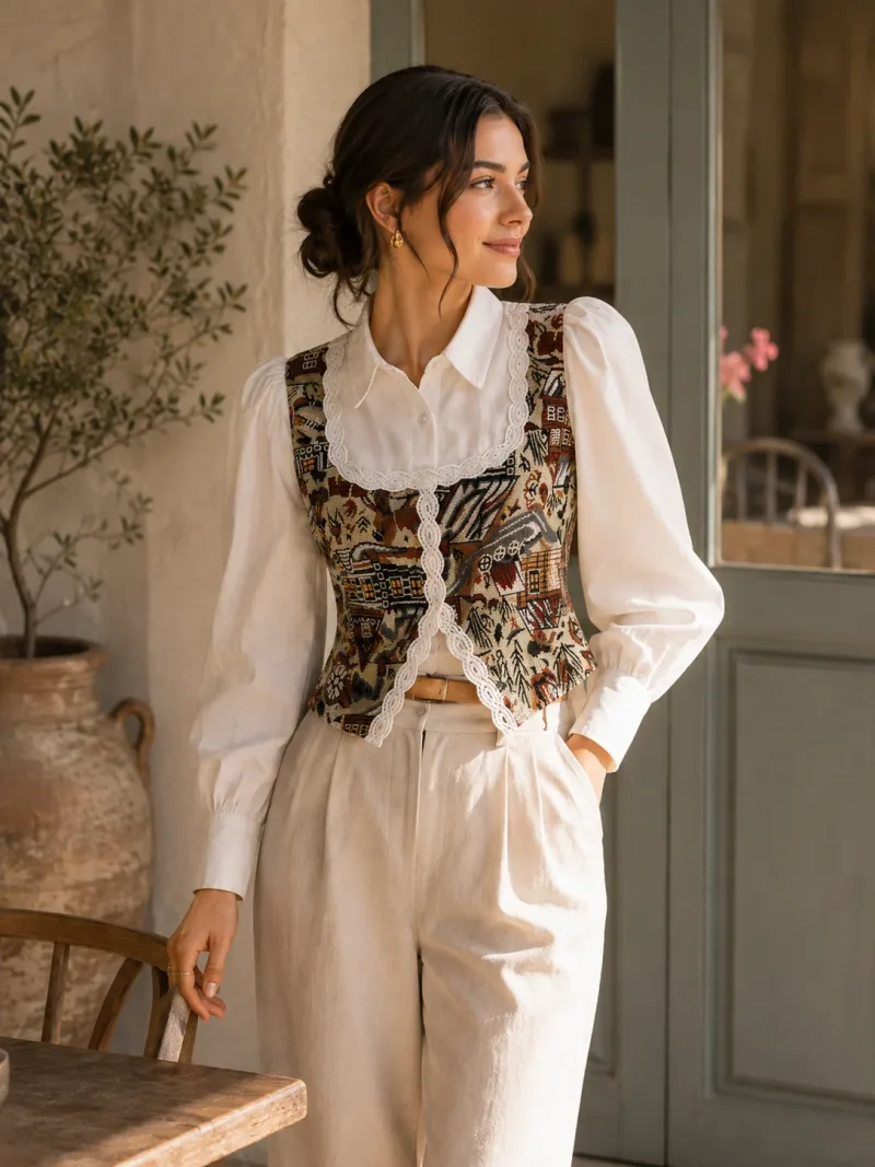 Monochrome Geometric Lace-Trim Shirt Top - Lifestyle