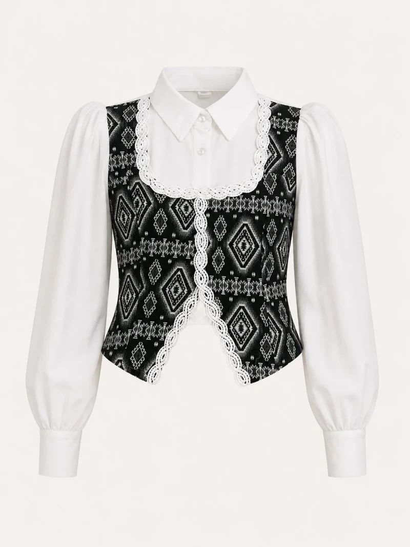 Diamond Mosaic Lace-Trim Shirt Top - Front Close-Up