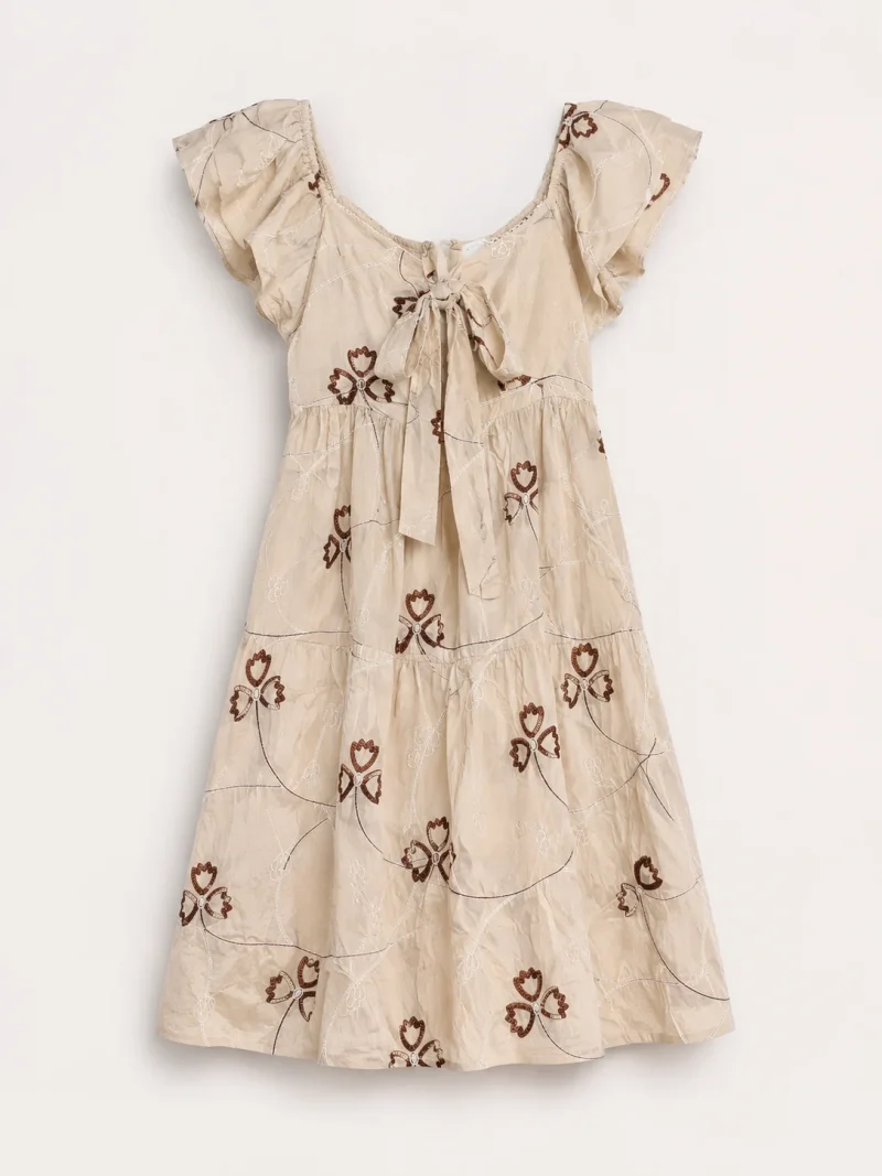 Ivory Floral Puff Sleeve Midi Dress - Product View