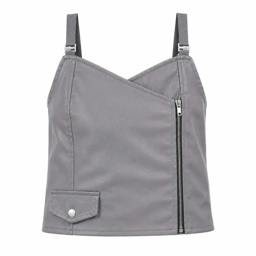 Faux Leather Asymmetric Zip Top - Front