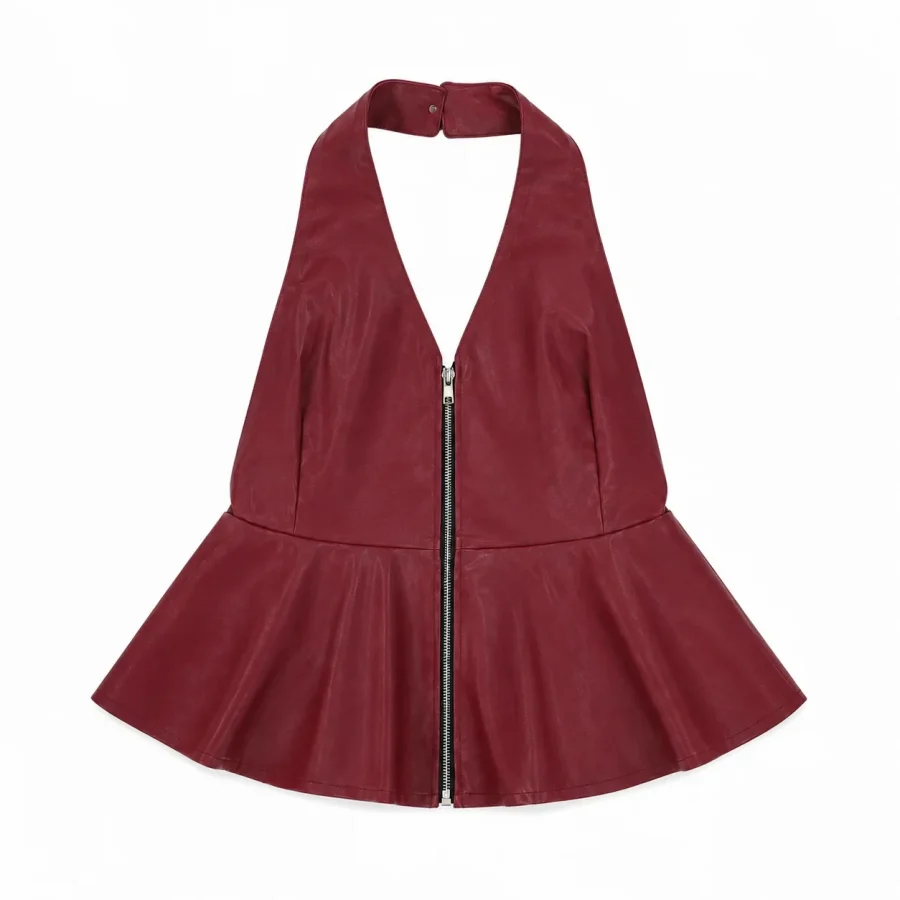 Faux Leather Halter Peplum Top - Burgundy - Front