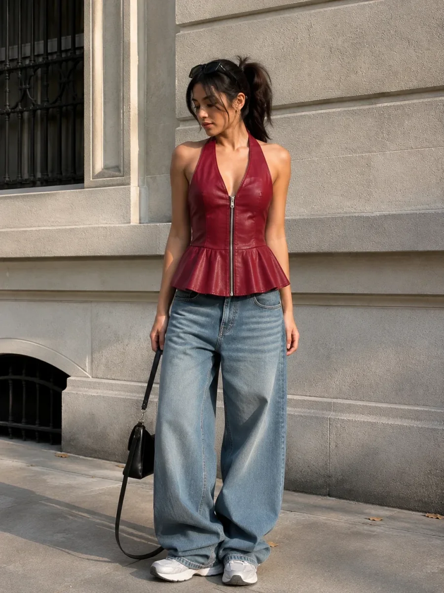 Faux Leather Halter Peplum Top - Burgundy - Lifestyle