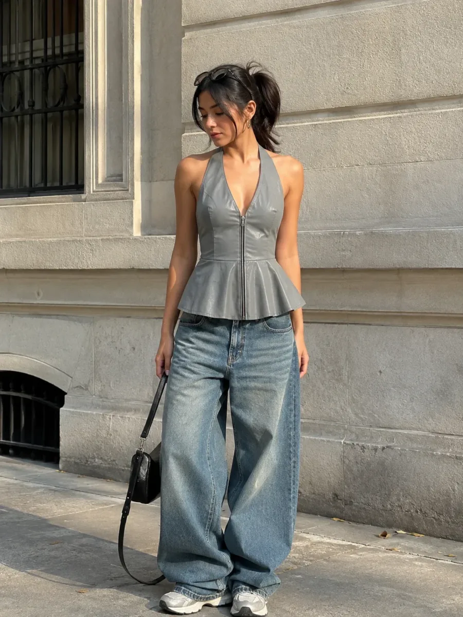 Faux Leather Halter Peplum Top - Slate Grey - Lifestyle