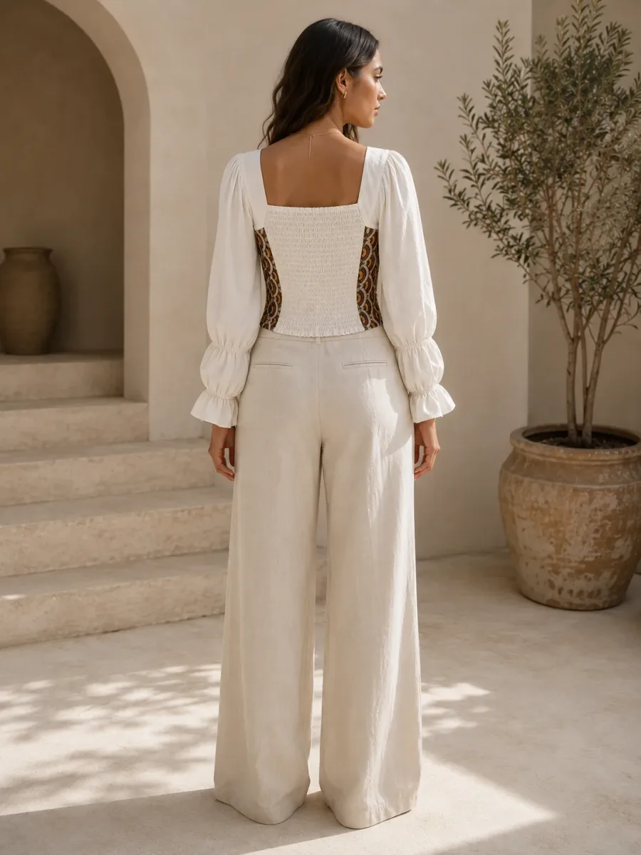 Vintage Mosaic Lace-Up Puff Sleeve Top - Back