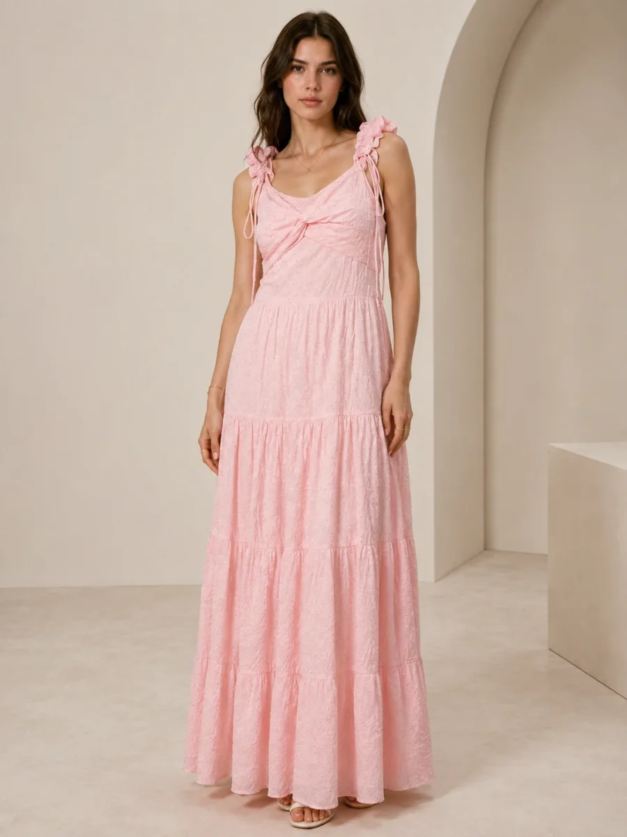 Blush Pink Ruched Bow Front Maxi Dress - Front