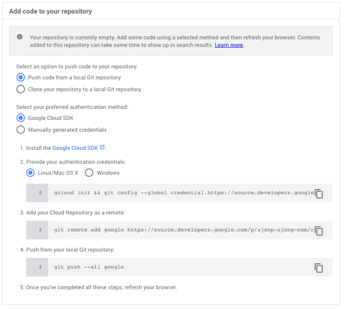 Google Cloud Repository Code Push