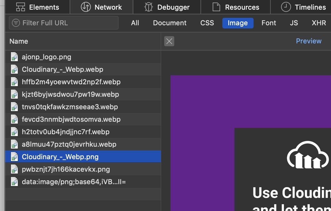 Cloudinary in JAMStacks using Webp 10 Network img vs source