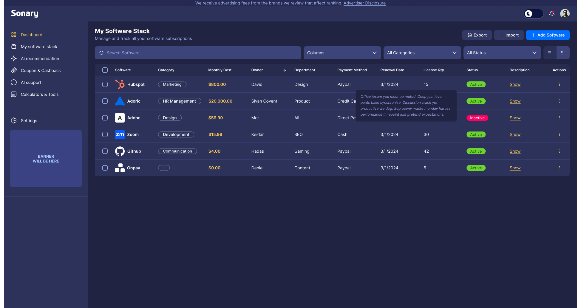 Sonary — Software Stack Manager