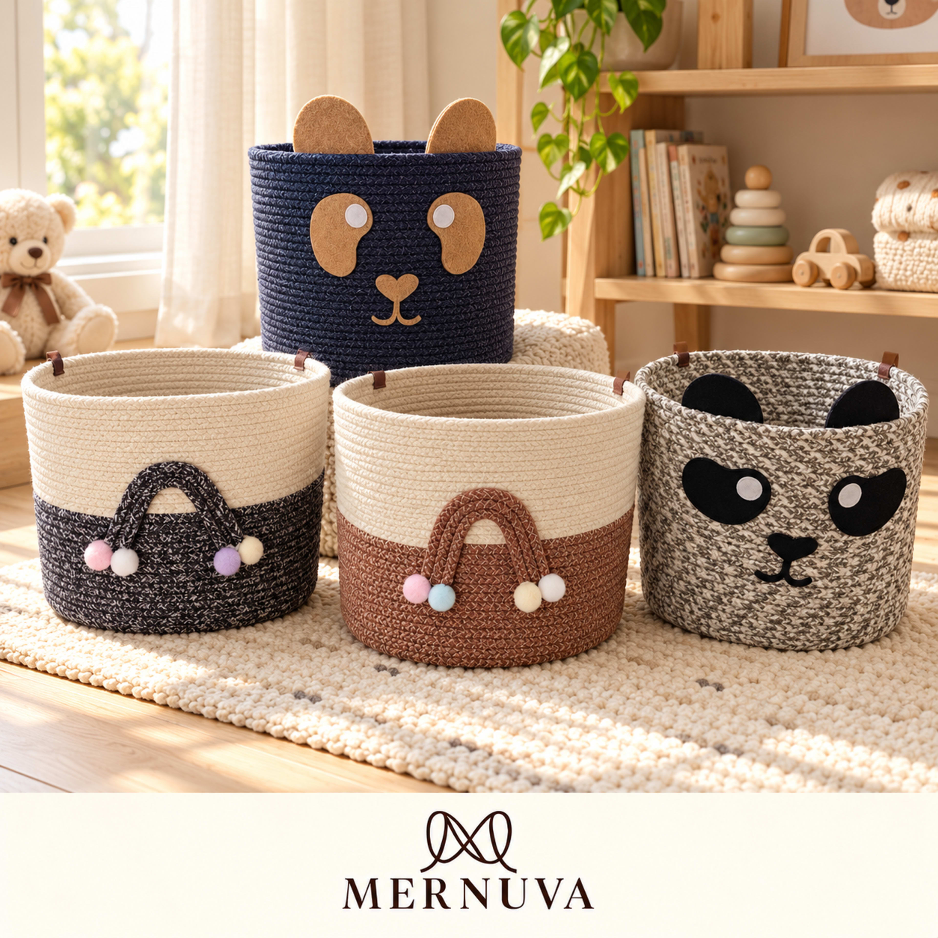 MERNUVA Decorative Woven Cotton Rope Nursery Storage Baskets Set - Cute Animal & Rainbow Pom-Pom Toy Bins - Image 1