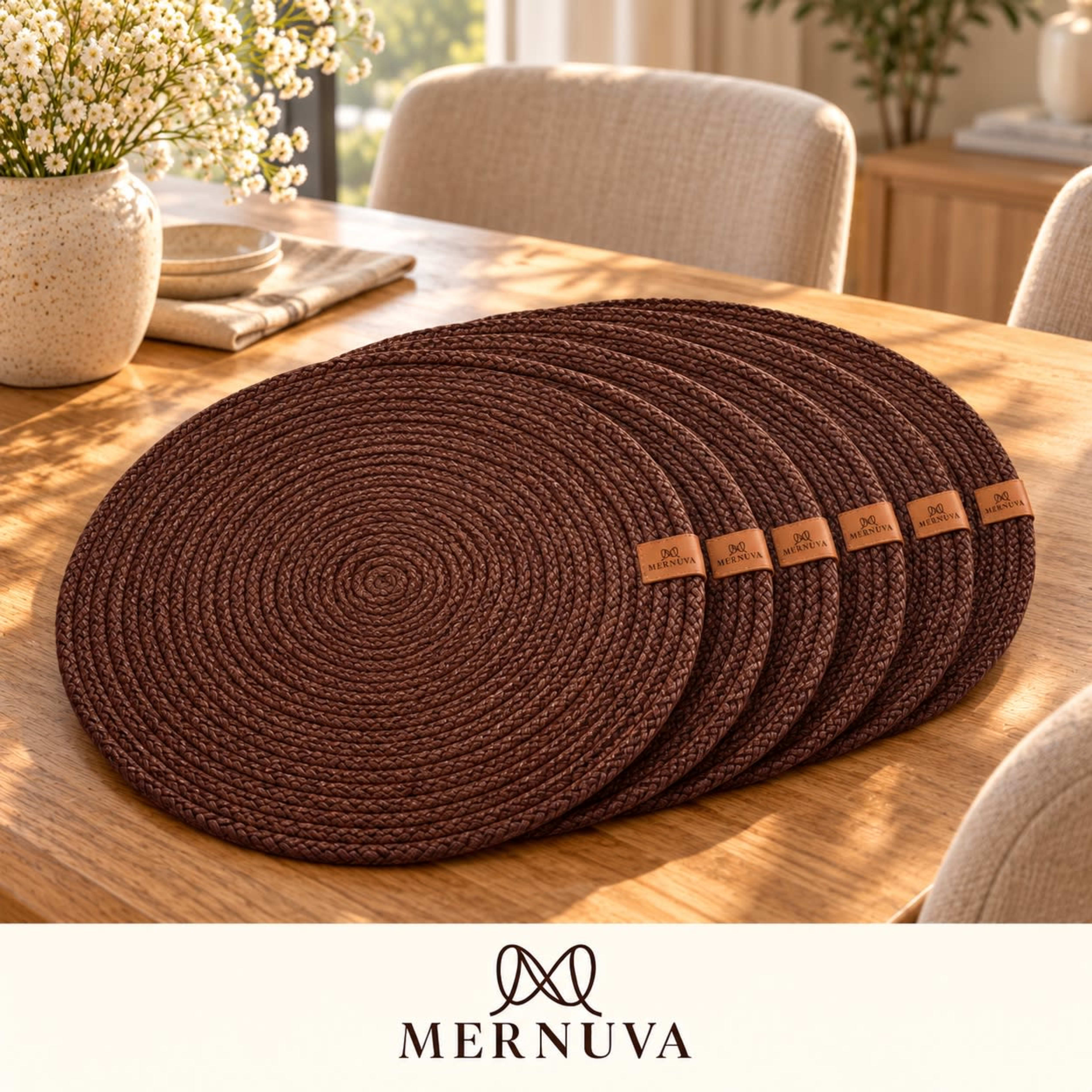 MERNUVA Set of 6 Woven Round Dark Brown Placemats with Leather Logo Accent - Image 1
