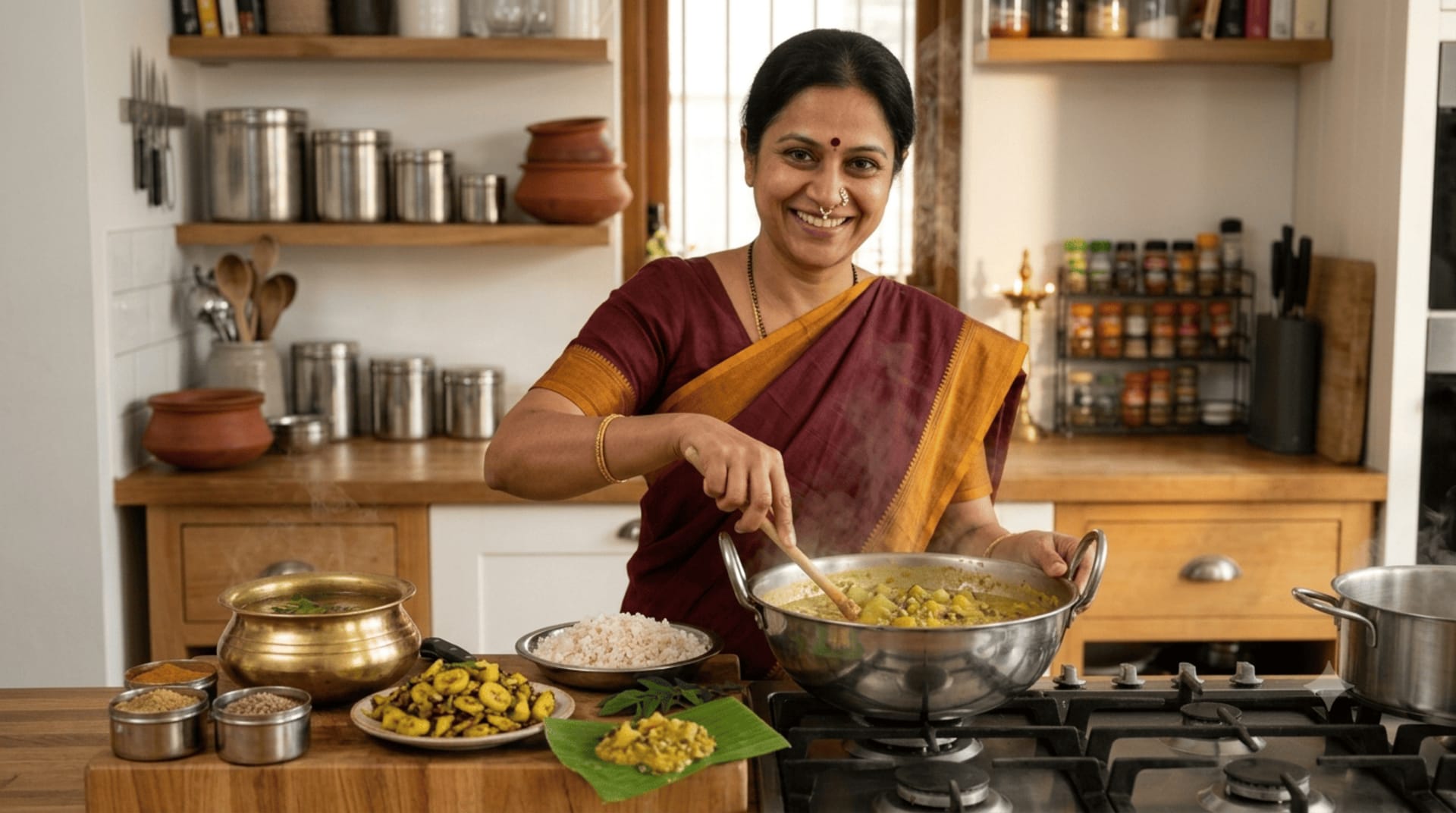 Traditional South Indian Brahmin vegetarian meal with brass vessels, sambar, rasam, and traditional curries