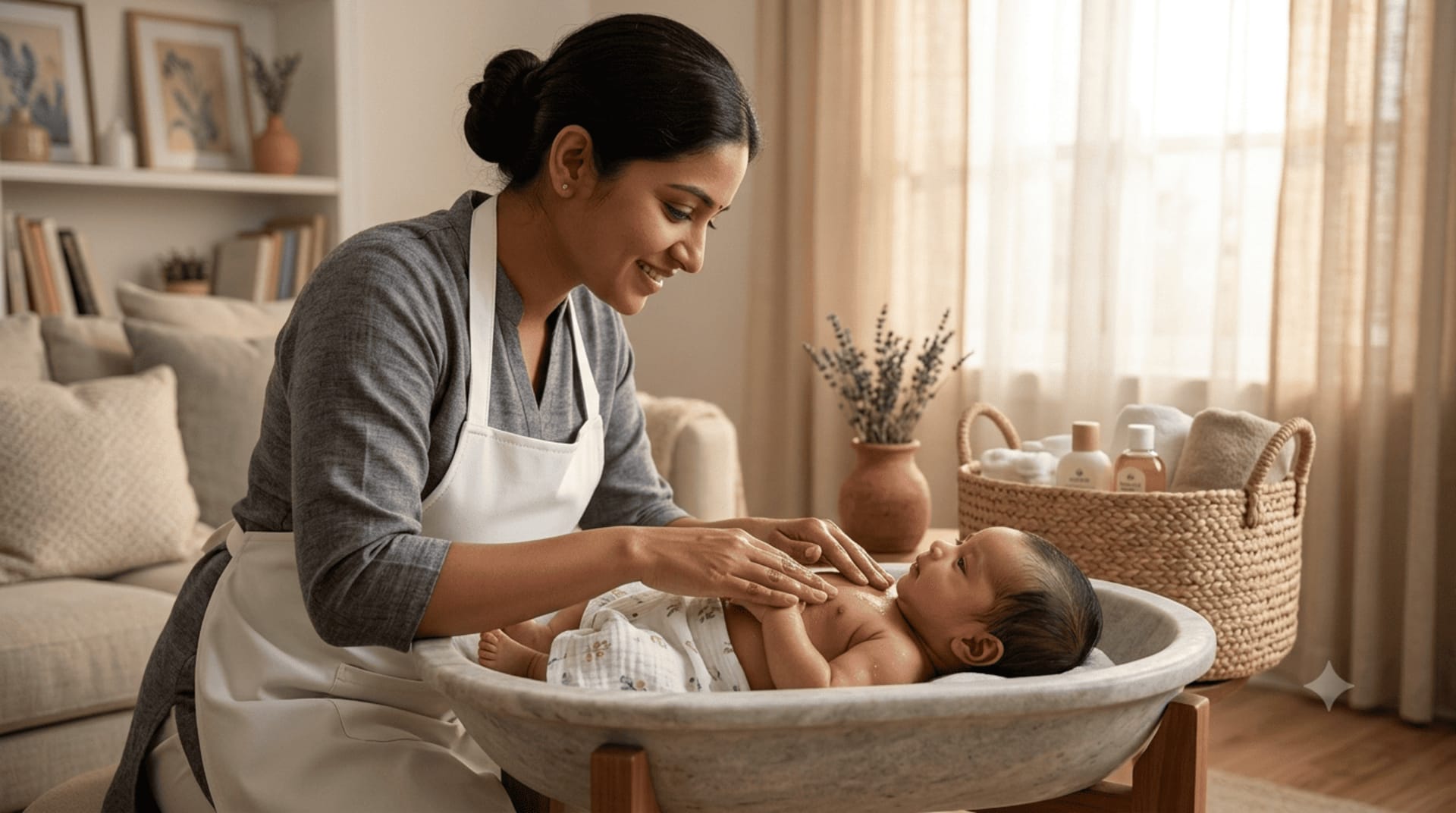 Caring Indian newborn baby caretaker cradling a sleeping newborn infant in a Chennai nursery