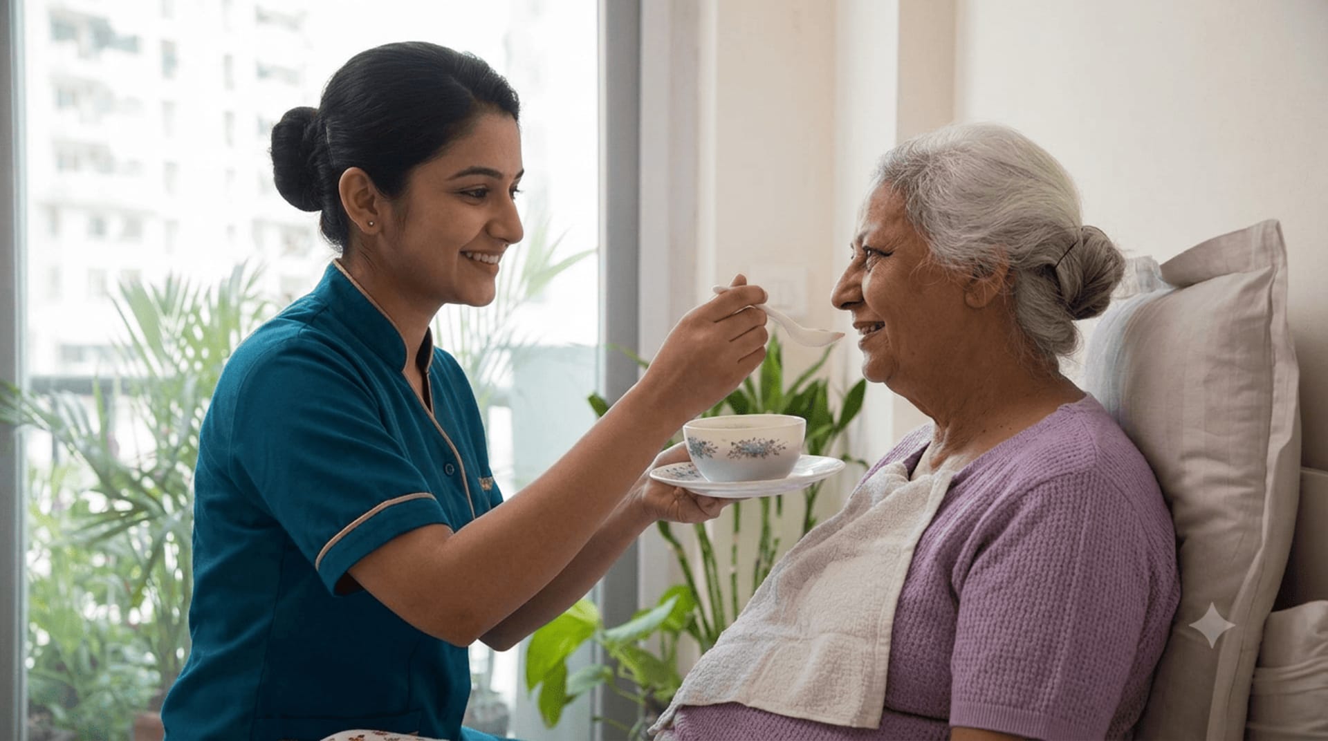 Dedicated patient care assistant supporting an adult patient recovering comfortably at home in Chennai