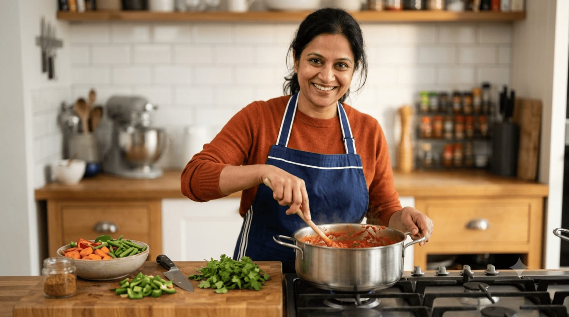 Professional Indian home cook preparing traditional vegetarian meals and dosa in Chennai kitchen