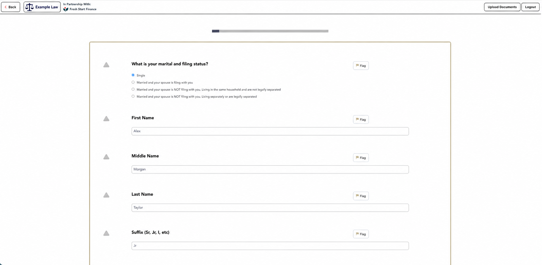 Example Law guided client questionnaire collecting information for the bankruptcy forms