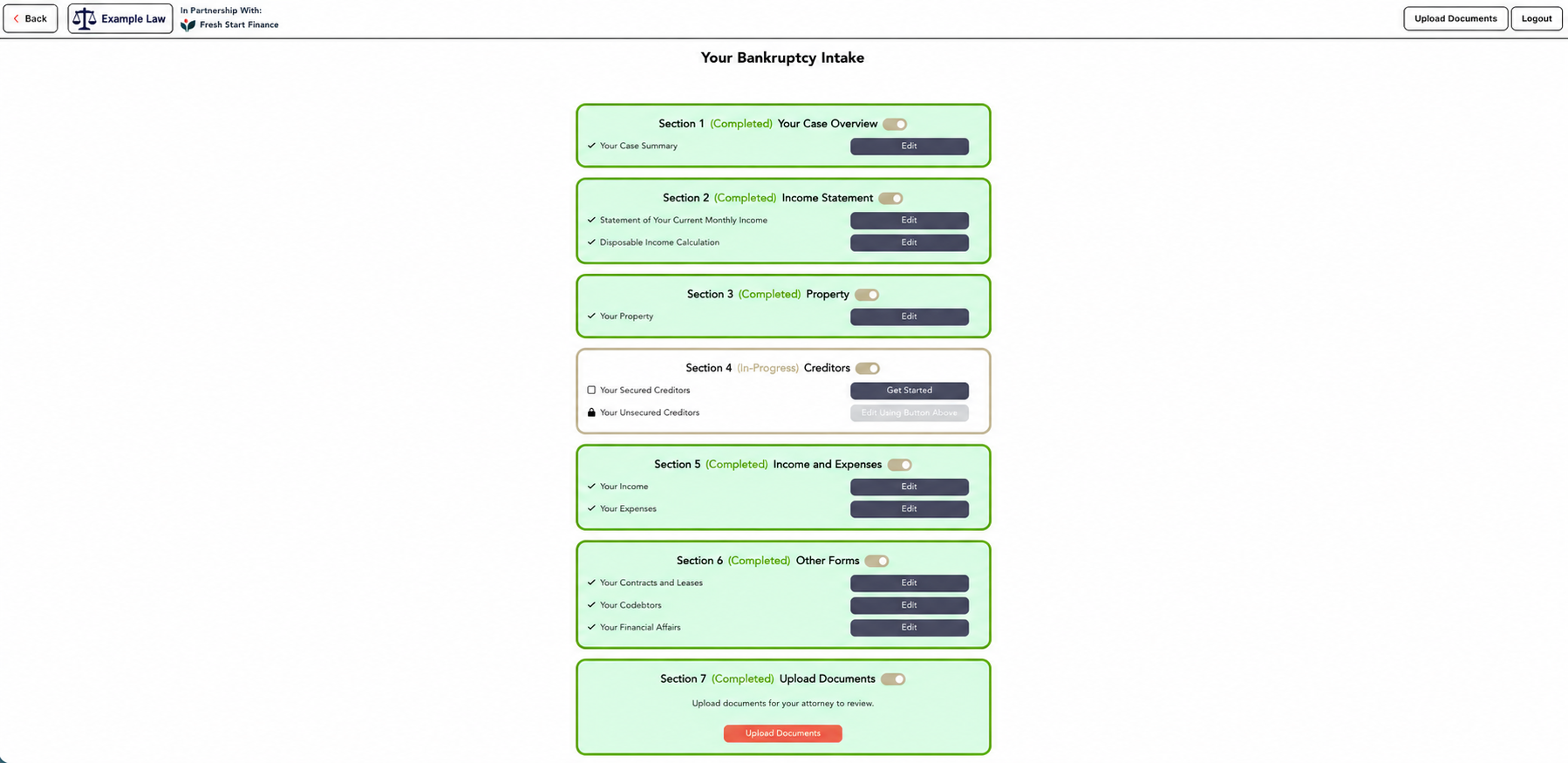 Example Law client intake with guided bankruptcy questionnaire sections