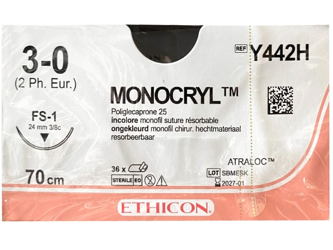 Monocryl 3-0 USP FS-1 70 cm / 12 stk. (eske = 3 x 12) - Y442H