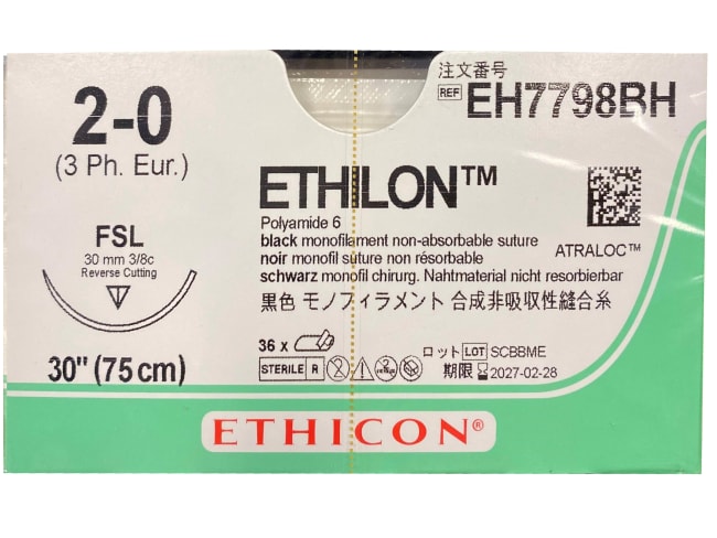 Ethilon 2-0 USP FSL (30 mm) 75 cm, sort / 12 stk. (eske = 3 x 12) - EH7798BH