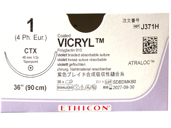 Vicryl 1 USP CTX plus  90 cm / 12 stk. (eske = 3 x 12) rund nål - J371H
