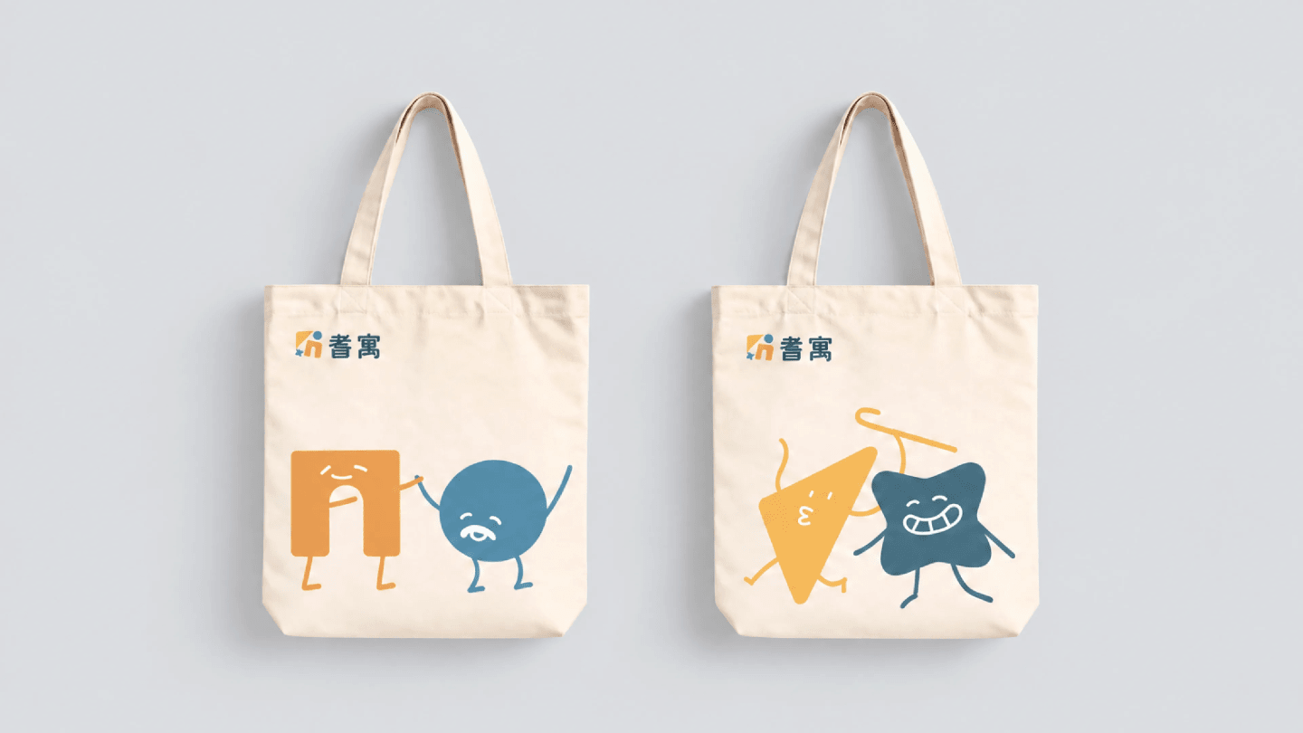 Two tote bag designs featuring geometric characters