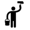 a painter holding a paint can with one arm and a paint roller up with the other hand, like if he was going to paint a ceiling