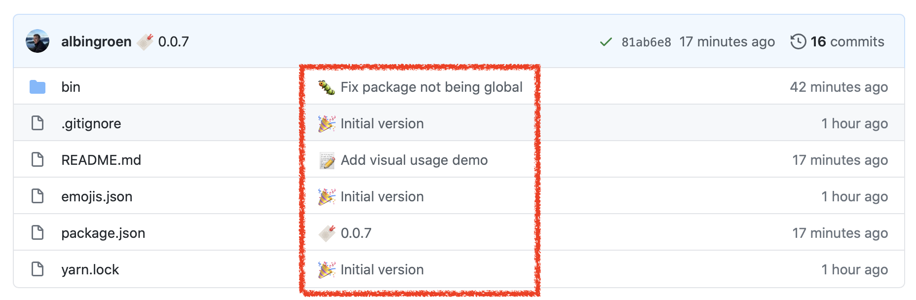 git commit log with emoji prefixes