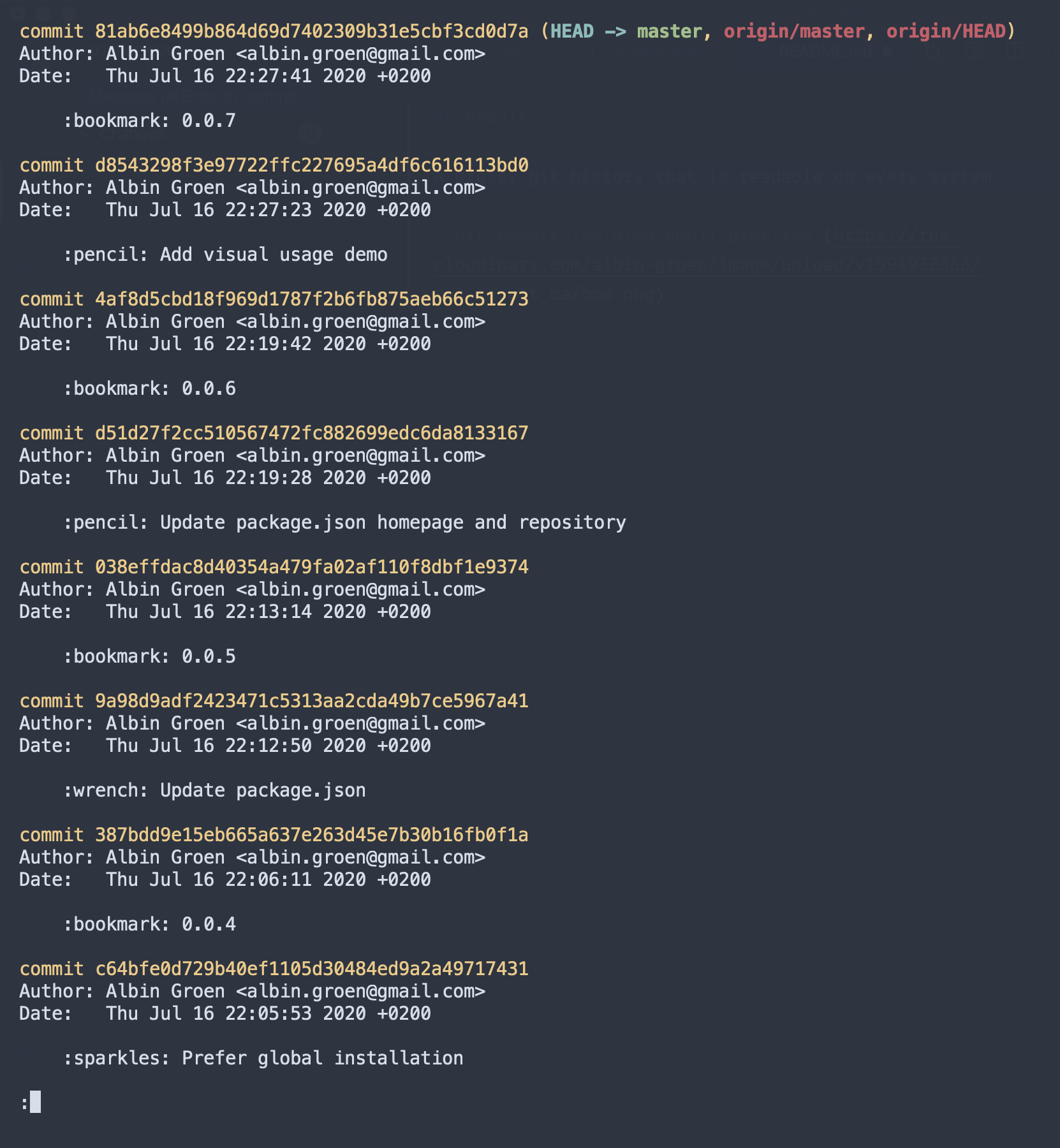 git commit log cli with textual emoji prefixes