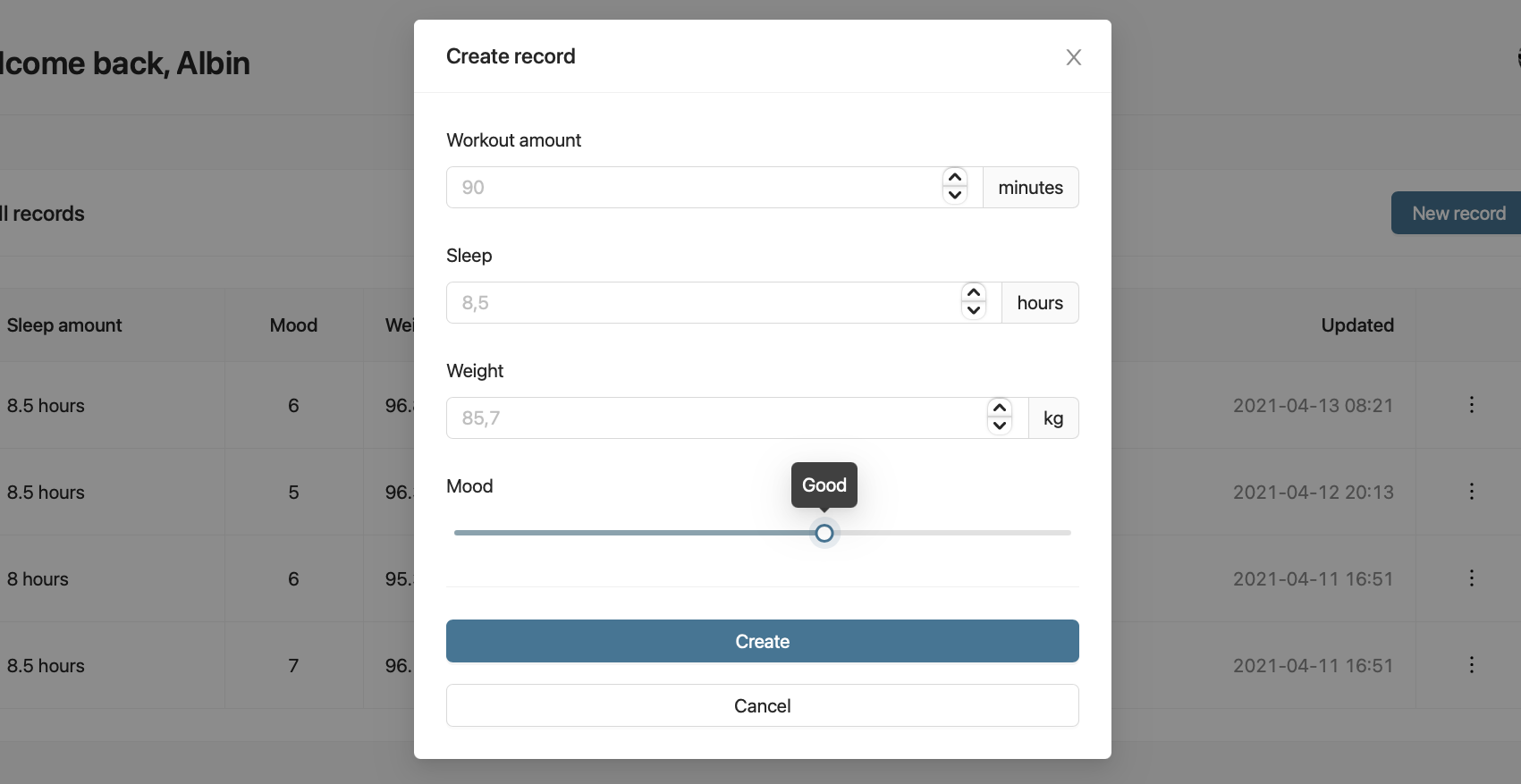 create record modal