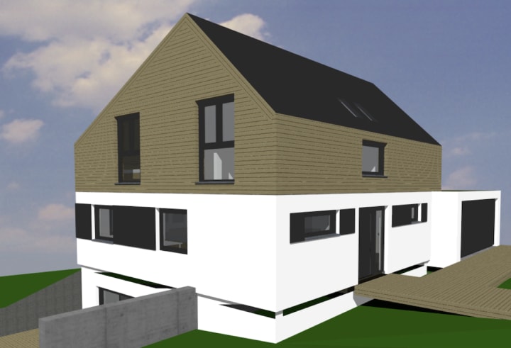 A computer rendering of a house showing cellar and second floor with wooden batons to differentiate it from ground floor.