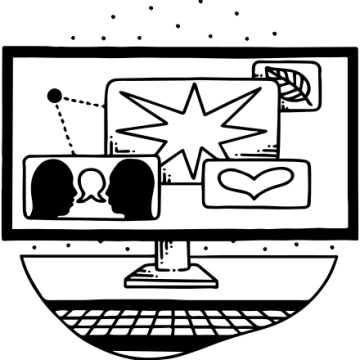 Computer with four different apps showing people chatting, a heart, a star, and a leaf