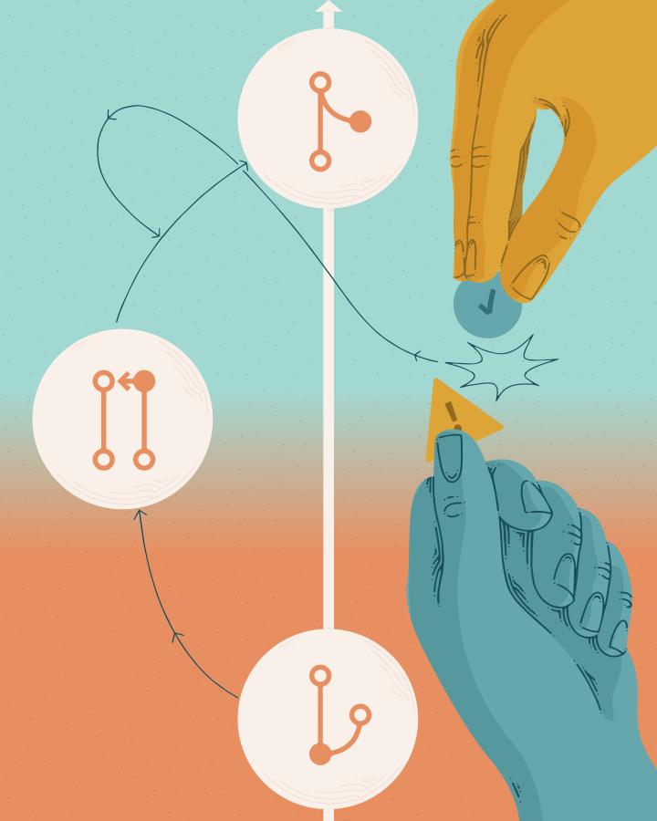 Illustrative hands enacting git workflow