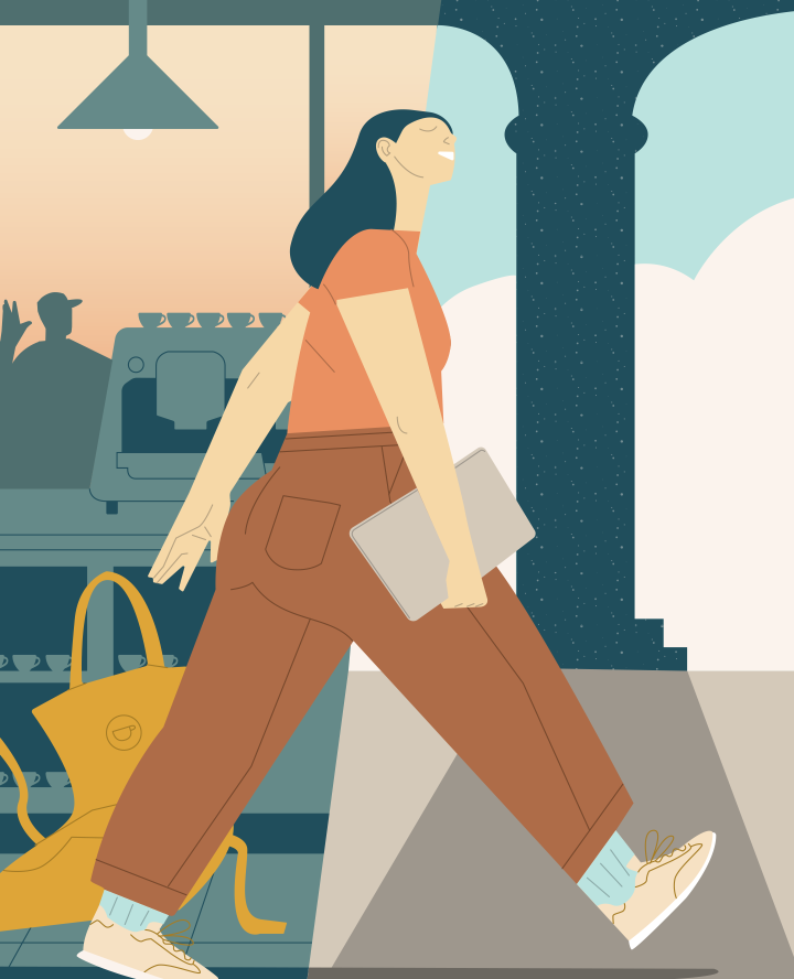 illustration of remote software developer walking through a cafe carrying a laptop