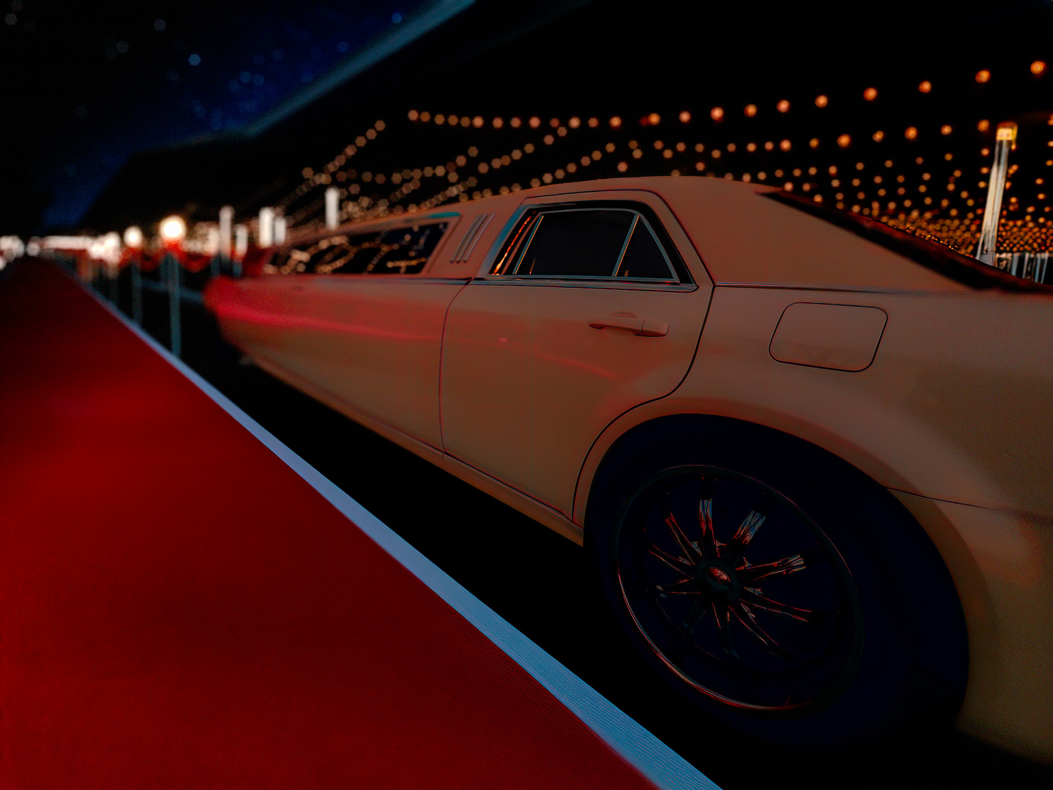 Red Carpet Limo surrounded by lamps and a starry sky in Fort Worth, Texas