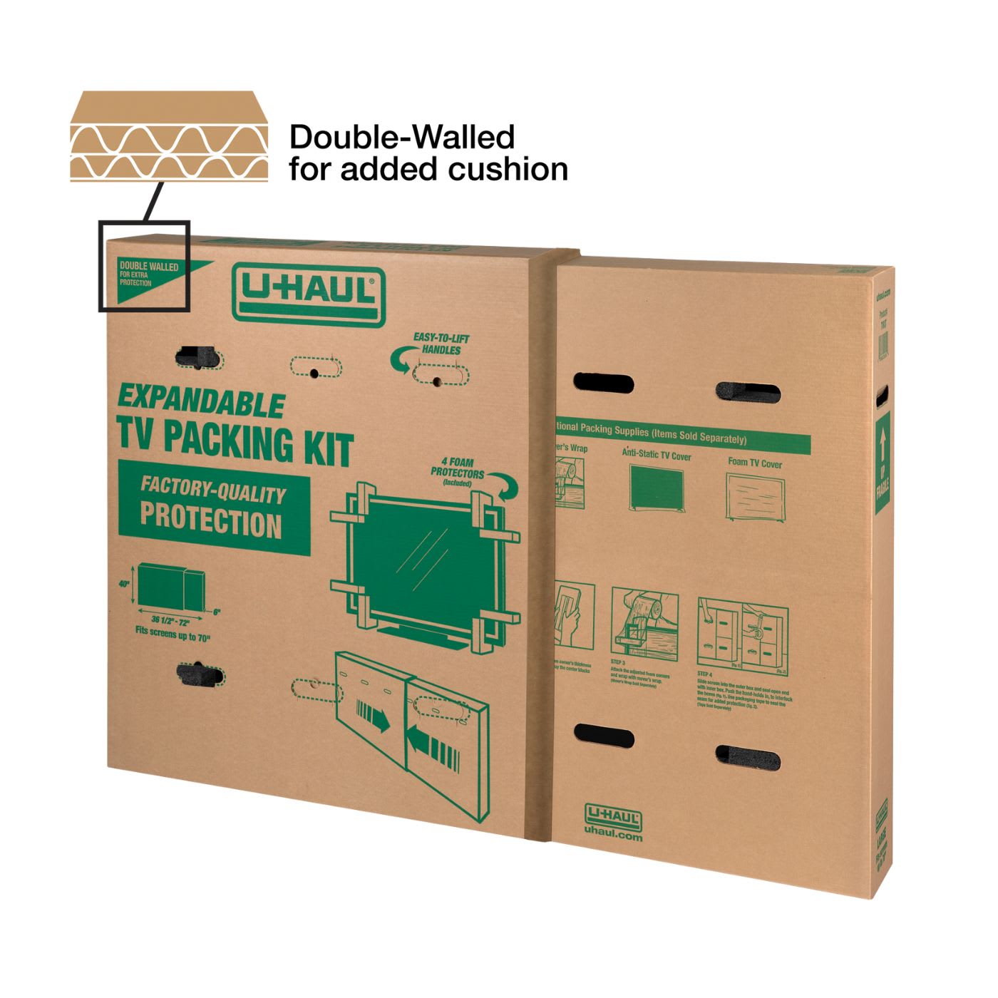 Expandable large TV moving box with adjustable depth and double-walled protection