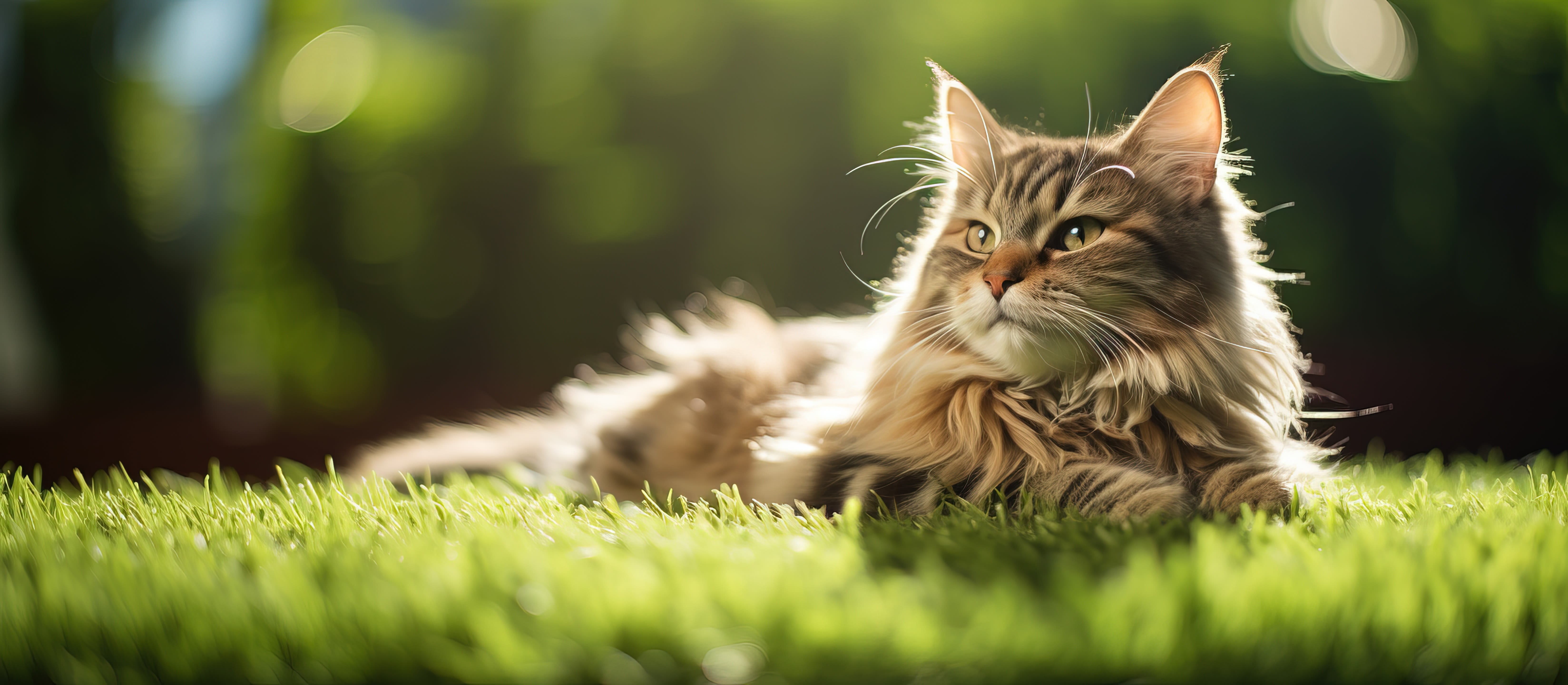 Kitty relaxing on turf lawn