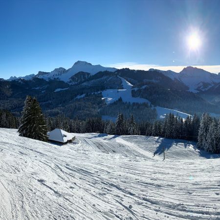 Panorama of the ski resort of Les Paccots from the top of the Grand Vérollys ski lift towards the Pralet. The ski slopes are deserted and the sky is blue and sunny.