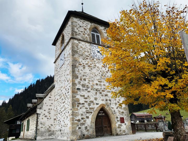 L'église de vers l'église au deuxième plan. Au premier plan se trouve un arbre aux couleurs d'automne.