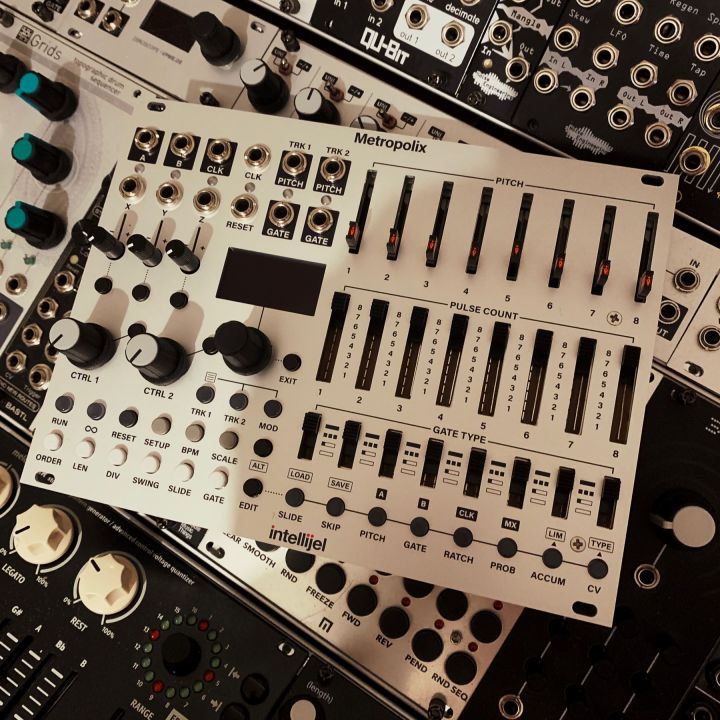 Metropolix sequencer sitting on top of other eurorack modules