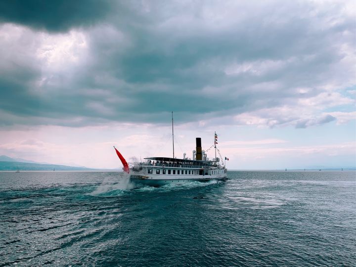 the cable-stayed steamboat La Suisse on Lake Léman (and not Geneva) at Lutry