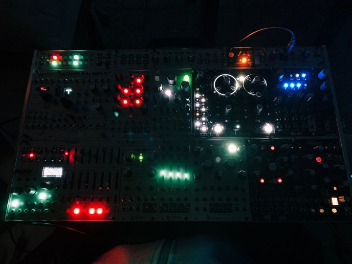 A modular system in the night. Only the LEDs are visible