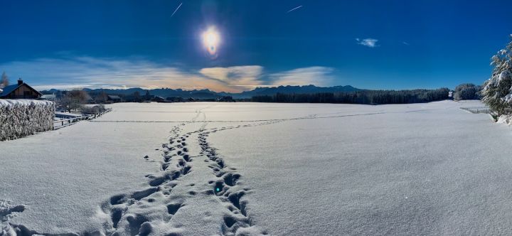 Panorama shot of a snowy landscape with a clear blue sky