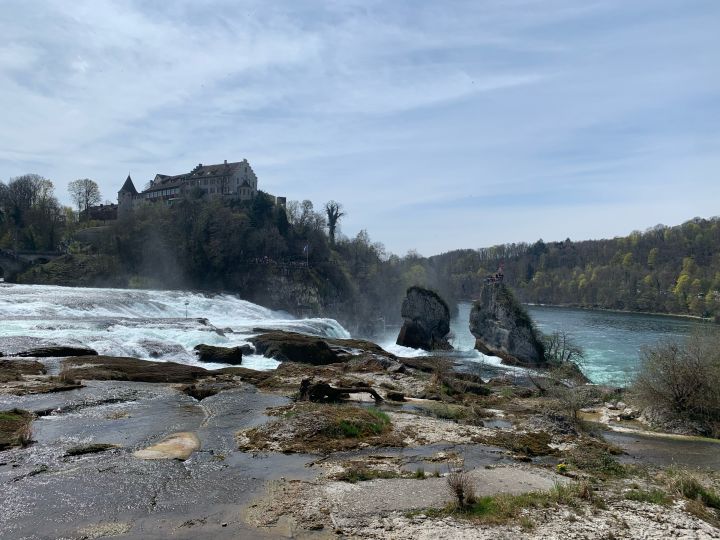 The Rhine Falls. In the foreground the Rhein with two rocks in the middle of the falls. They are overhung by a castle in the background