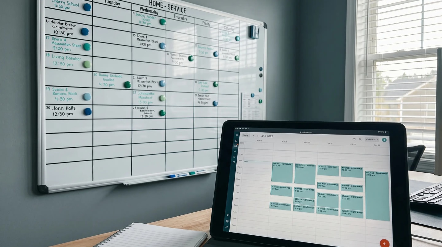 A service business calendar filling up with booked jobs over the week