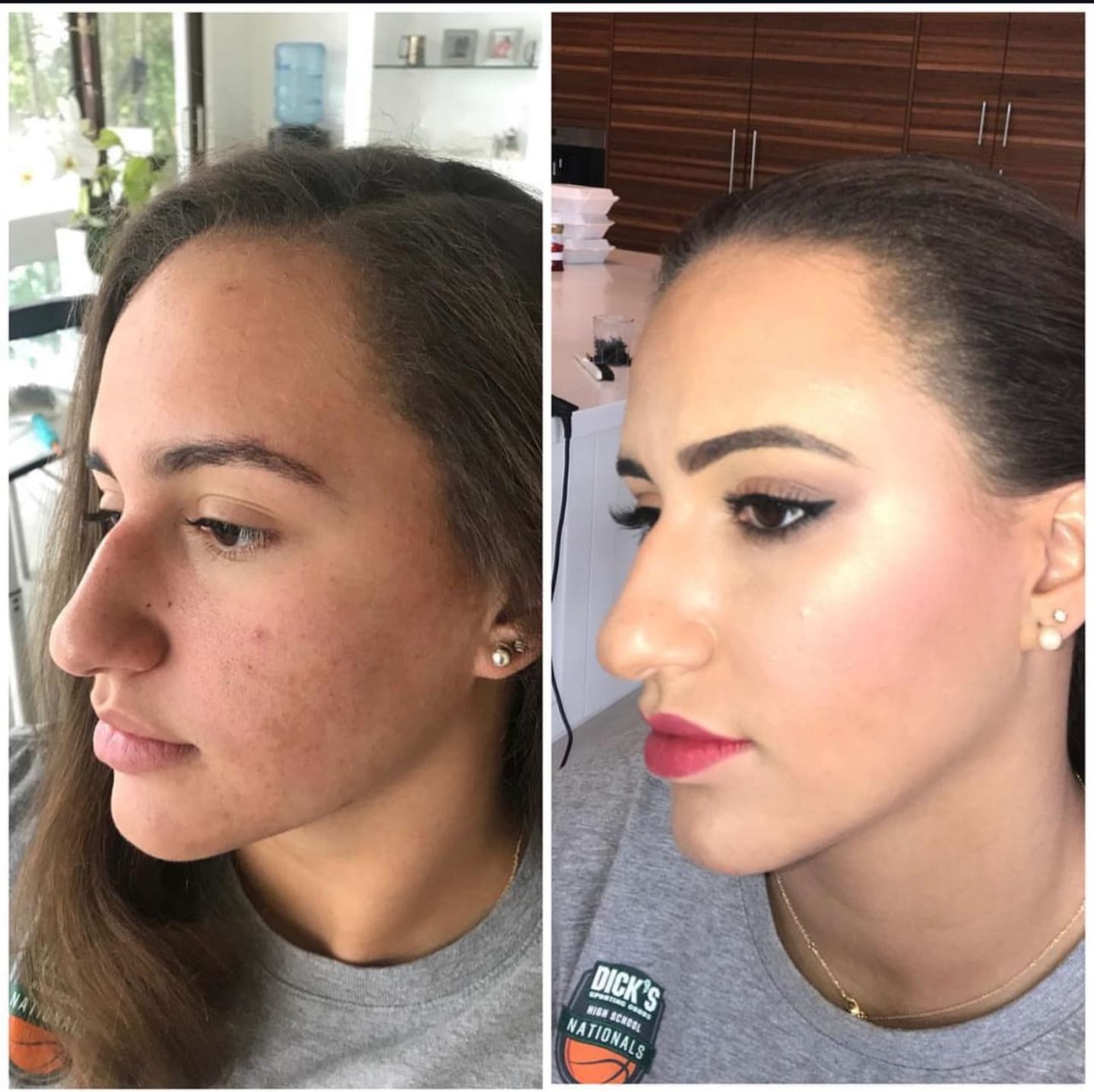 A soft-glam makeup look shown before and after application