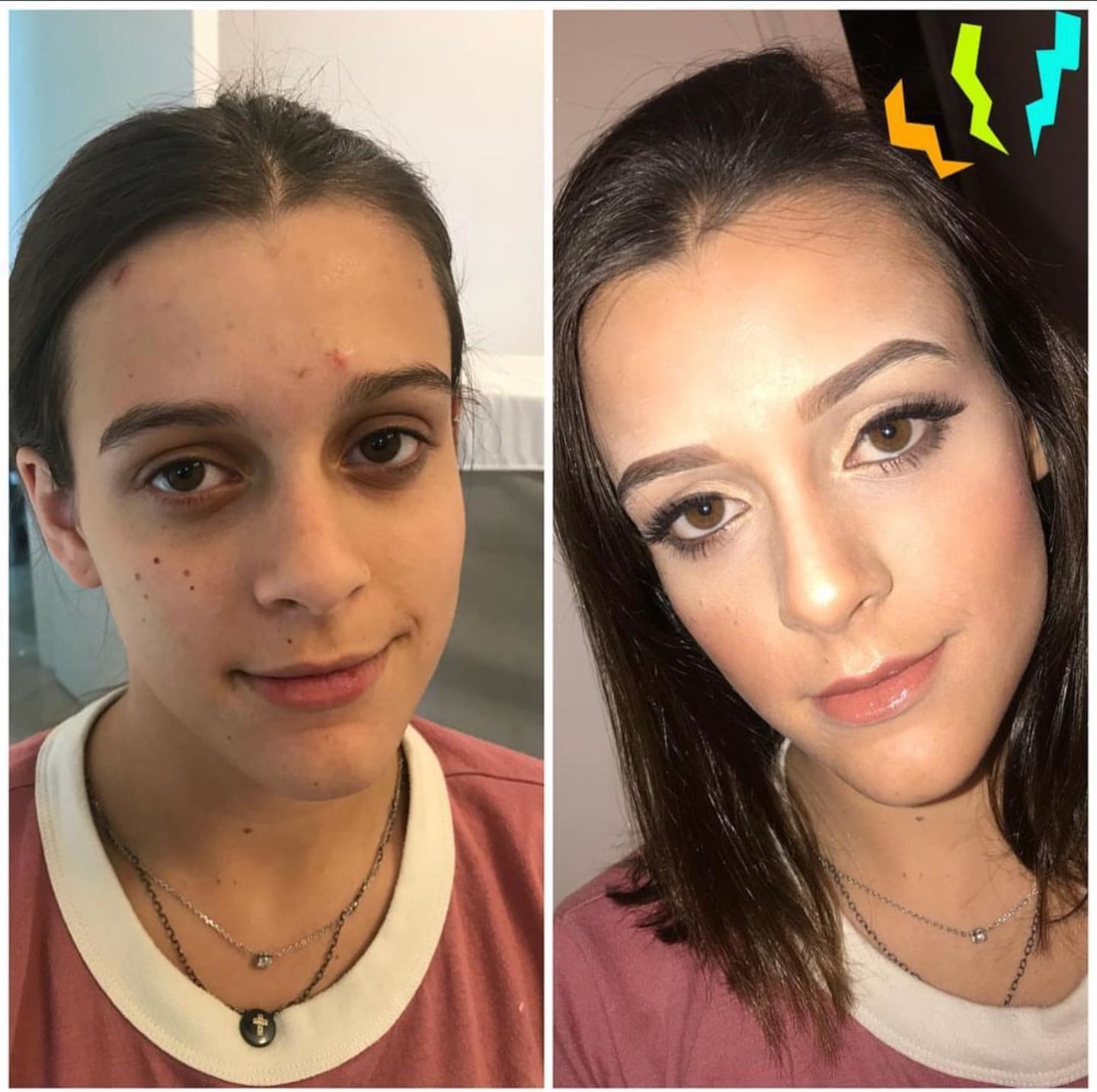 An event makeup look shown before and after