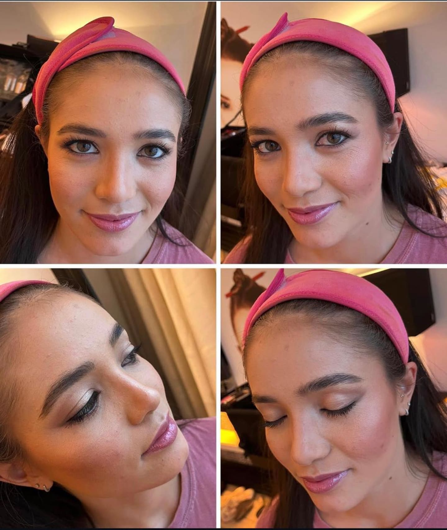 Brow grooming and makeup shown step by step across four stages