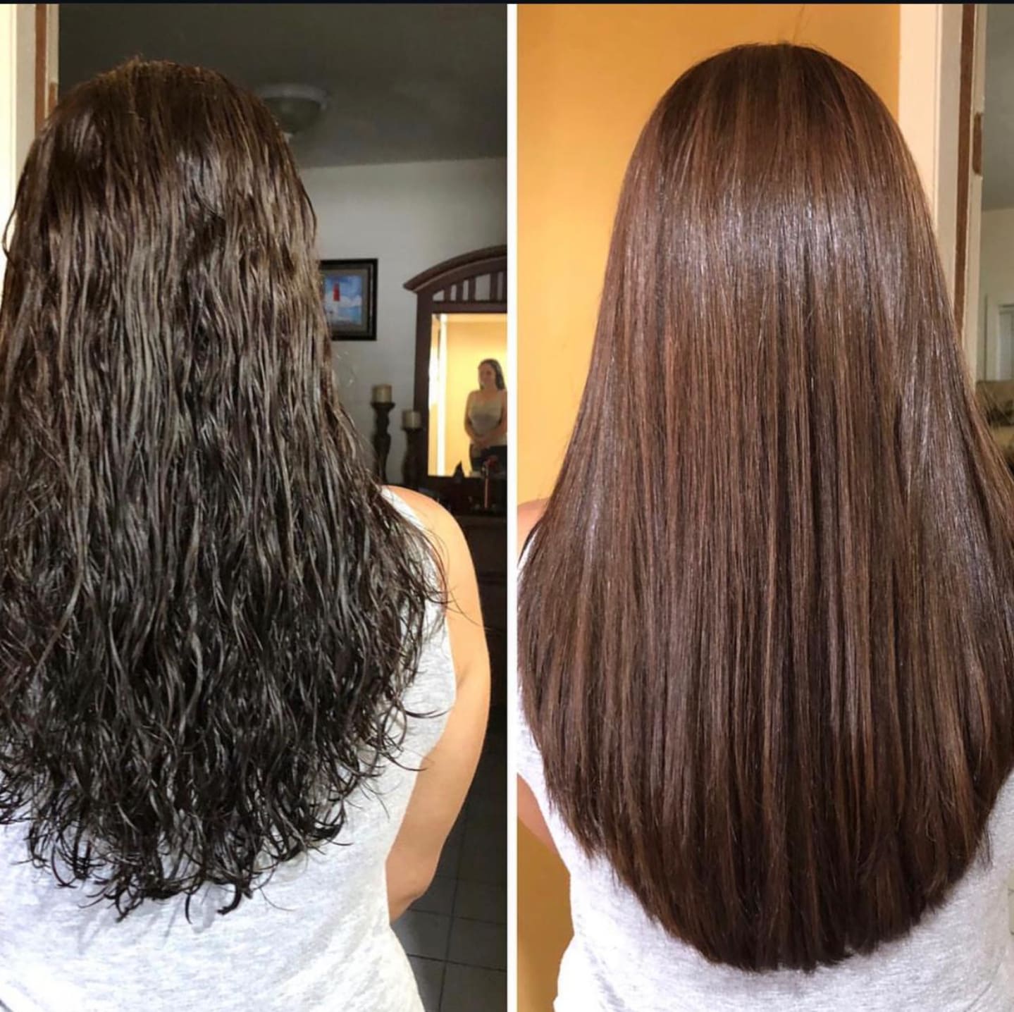 Before and after of a hair-smoothing treatment — frizzy natural hair on the left, glossy straight hair on the right
