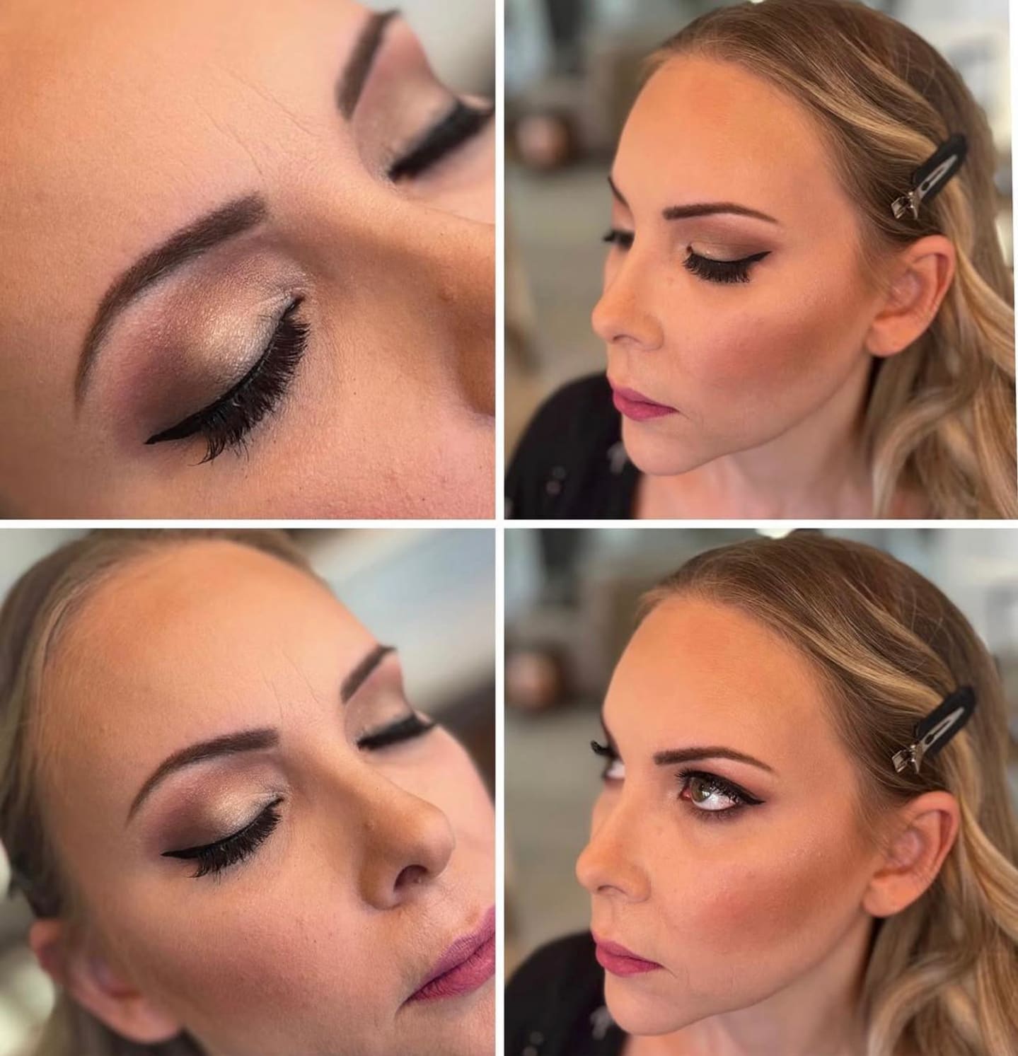 Eye makeup shown before and after, with defined, lifted eyes