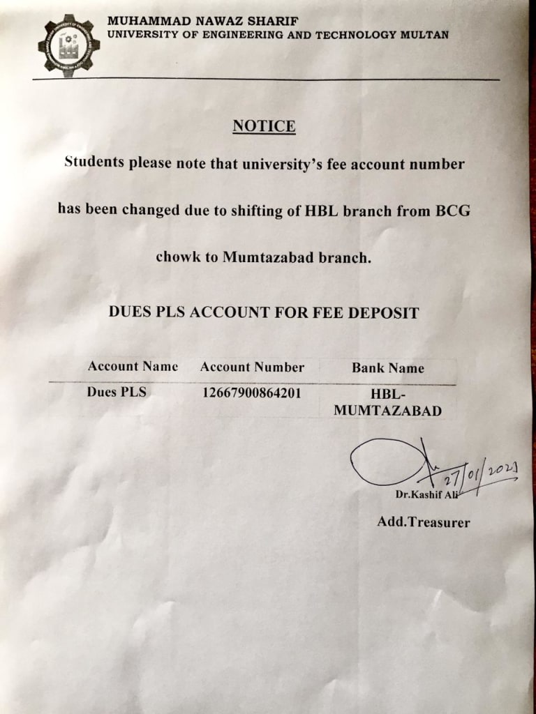 Student Notice regarding Fee MNS University of Engineering and Technology